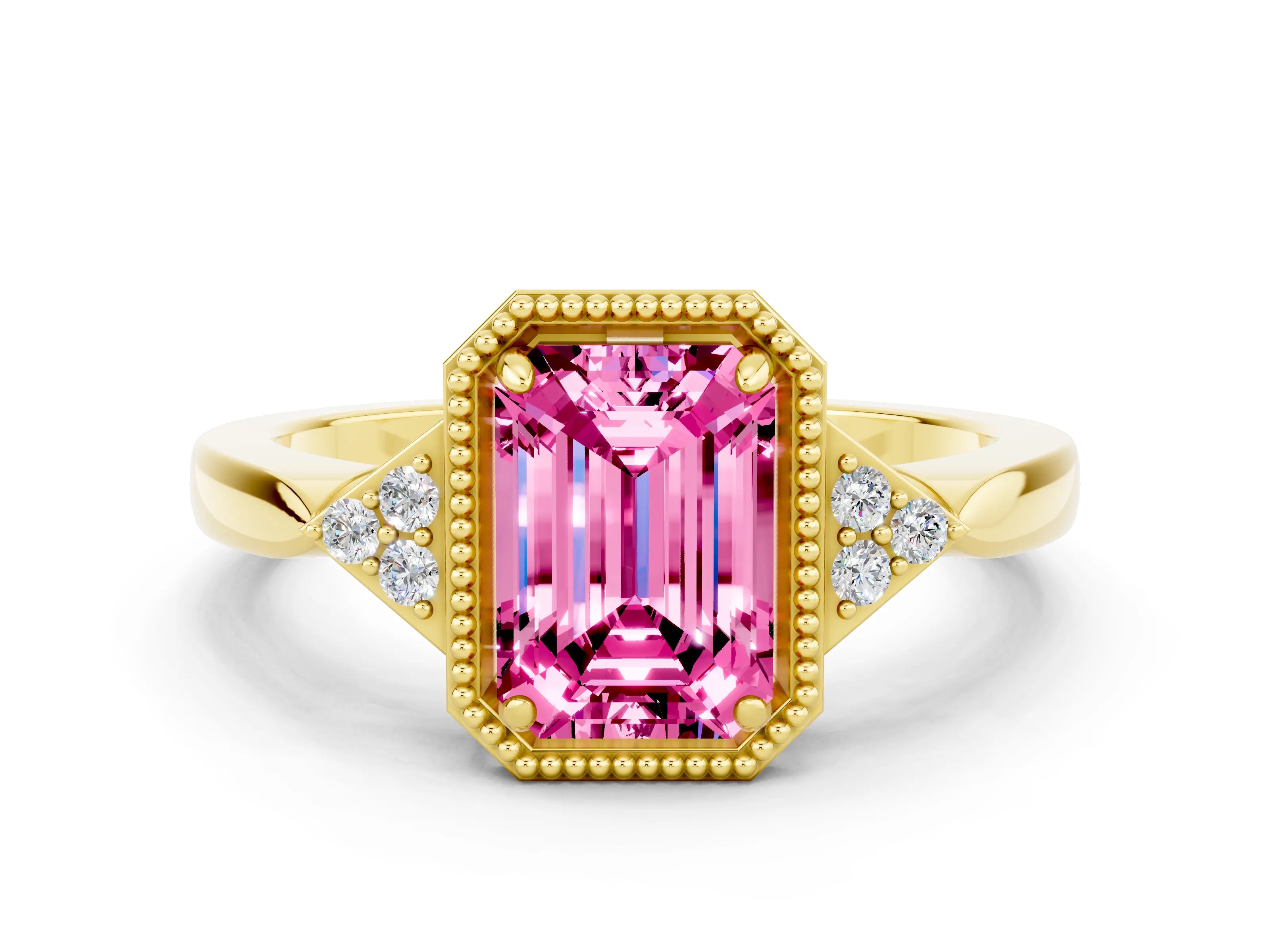 Yellow gold Emerald Cut Pink Sapphire Halo Ring with Tapered Band and Four-Prong Setting