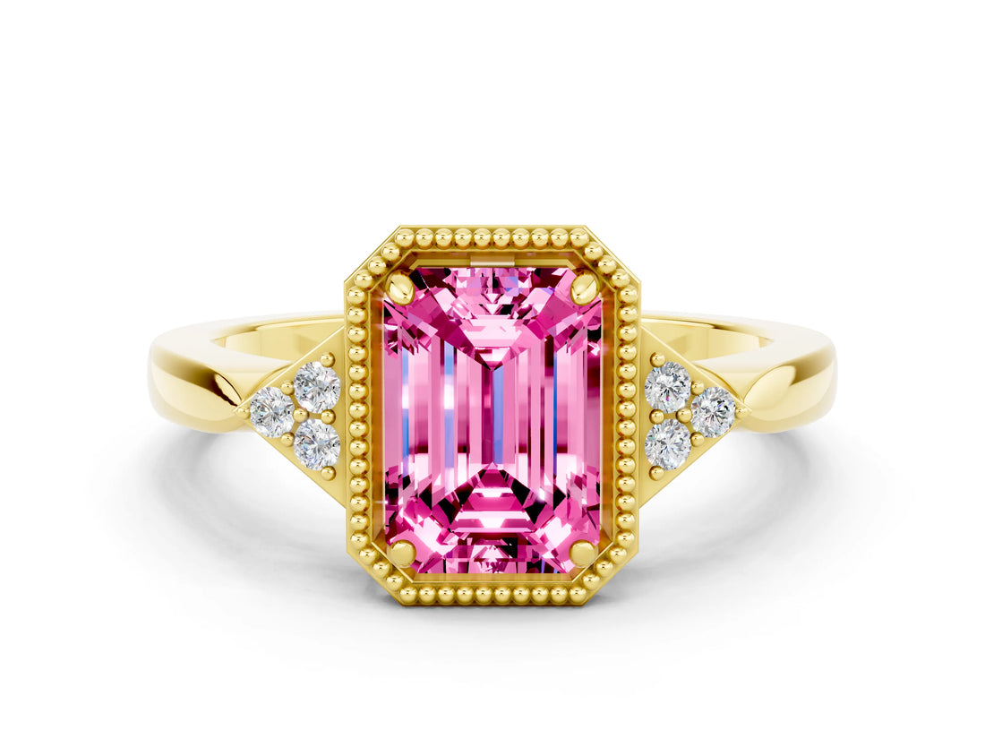 Yellow gold Emerald Cut Pink Sapphire Halo Ring with Tapered Band and Four-Prong Setting