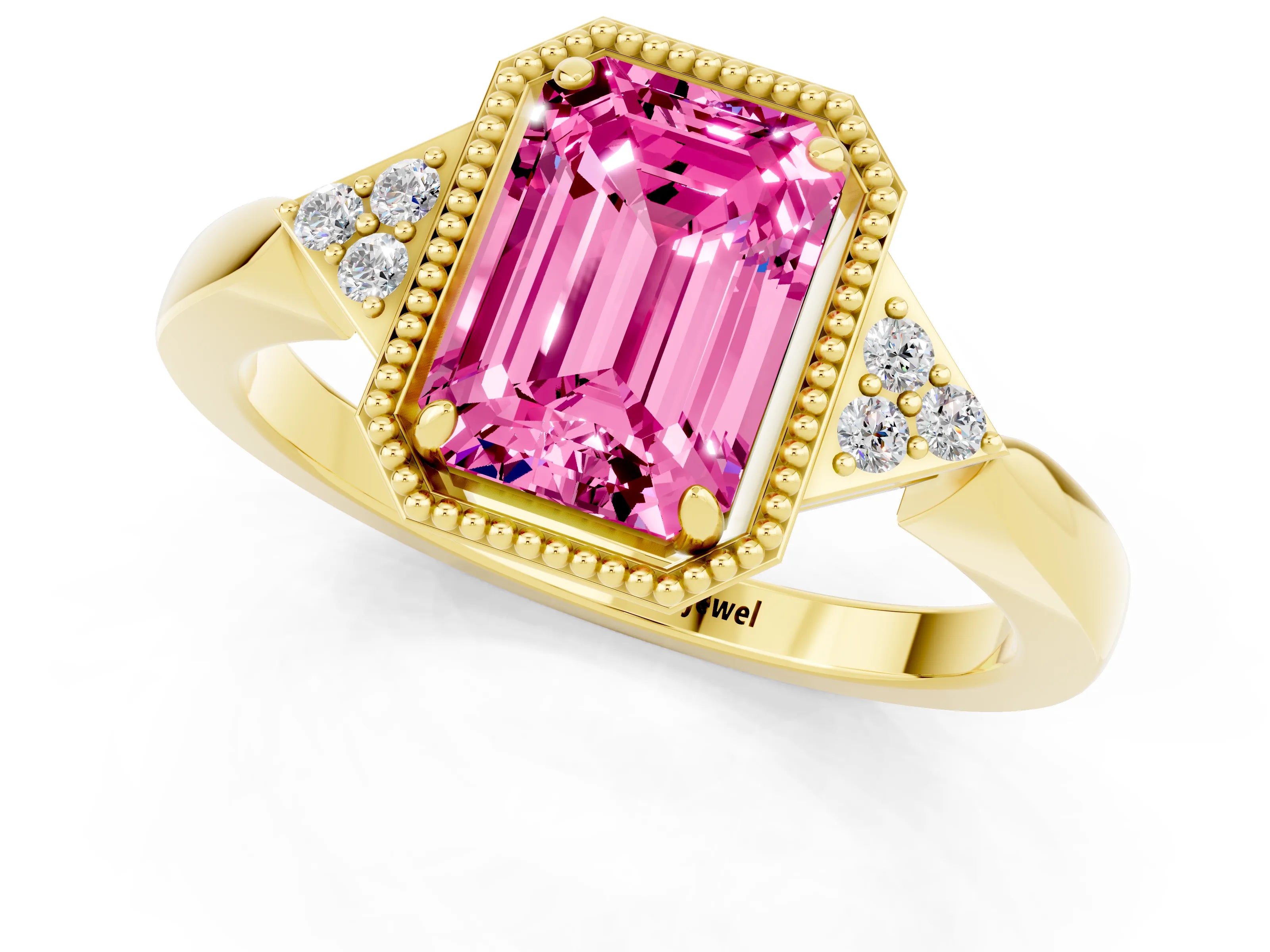 Yellow gold Emerald Cut Pink Sapphire Halo Ring with Tapered Band and Four-Prong Setting_1