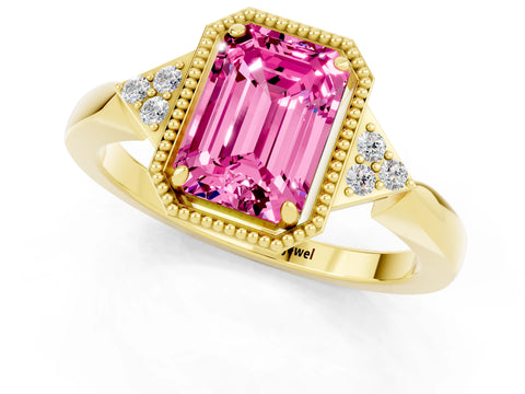Yellow gold Emerald Cut Pink Sapphire Halo Ring with Tapered Band and Four-Prong Setting_1