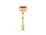 Yellow gold Emerald Cut Pink Sapphire Halo Ring with Tapered Band and Four-Prong Setting_2