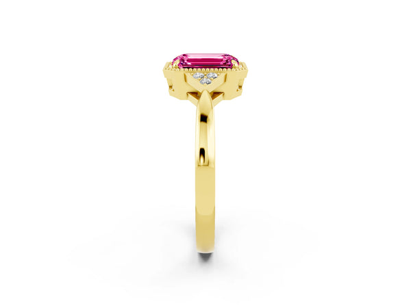 Yellow gold Emerald Cut Pink Sapphire Halo Ring with Tapered Band and Four-Prong Setting