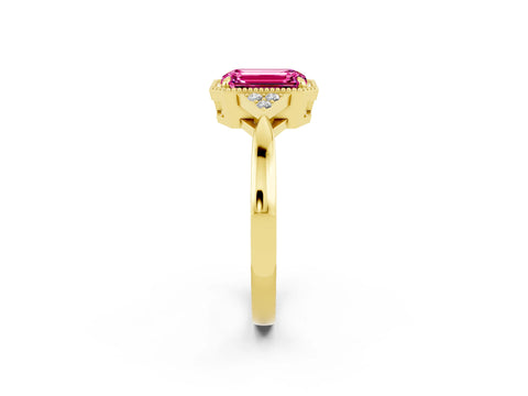 Yellow gold Emerald Cut Pink Sapphire Halo Ring with Tapered Band and Four-Prong Setting_2