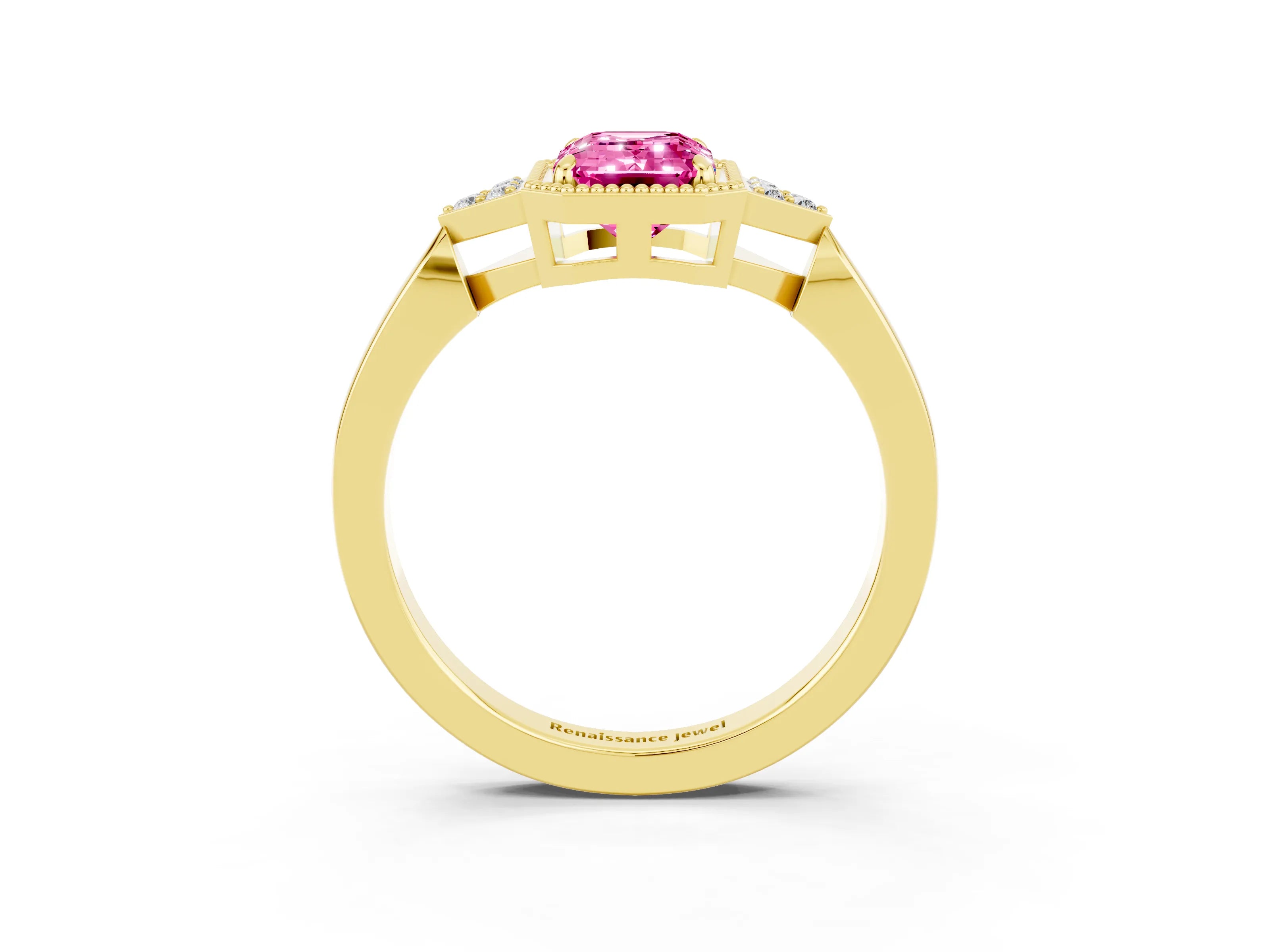 Yellow gold Emerald Cut Pink Sapphire Halo Ring with Tapered Band and Four-Prong Setting_3