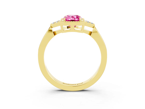 Yellow gold Emerald Cut Pink Sapphire Halo Ring with Tapered Band and Four-Prong Setting