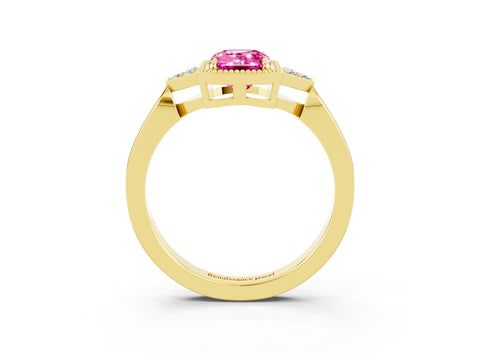 Yellow gold Emerald Cut Pink Sapphire Halo Ring with Tapered Band and Four-Prong Setting_3