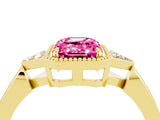 Yellow gold Emerald Cut Pink Sapphire Halo Ring with Tapered Band and Four-Prong Setting_4