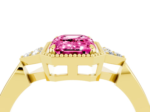 Yellow gold Emerald Cut Pink Sapphire Halo Ring with Tapered Band and Four-Prong Setting_4
