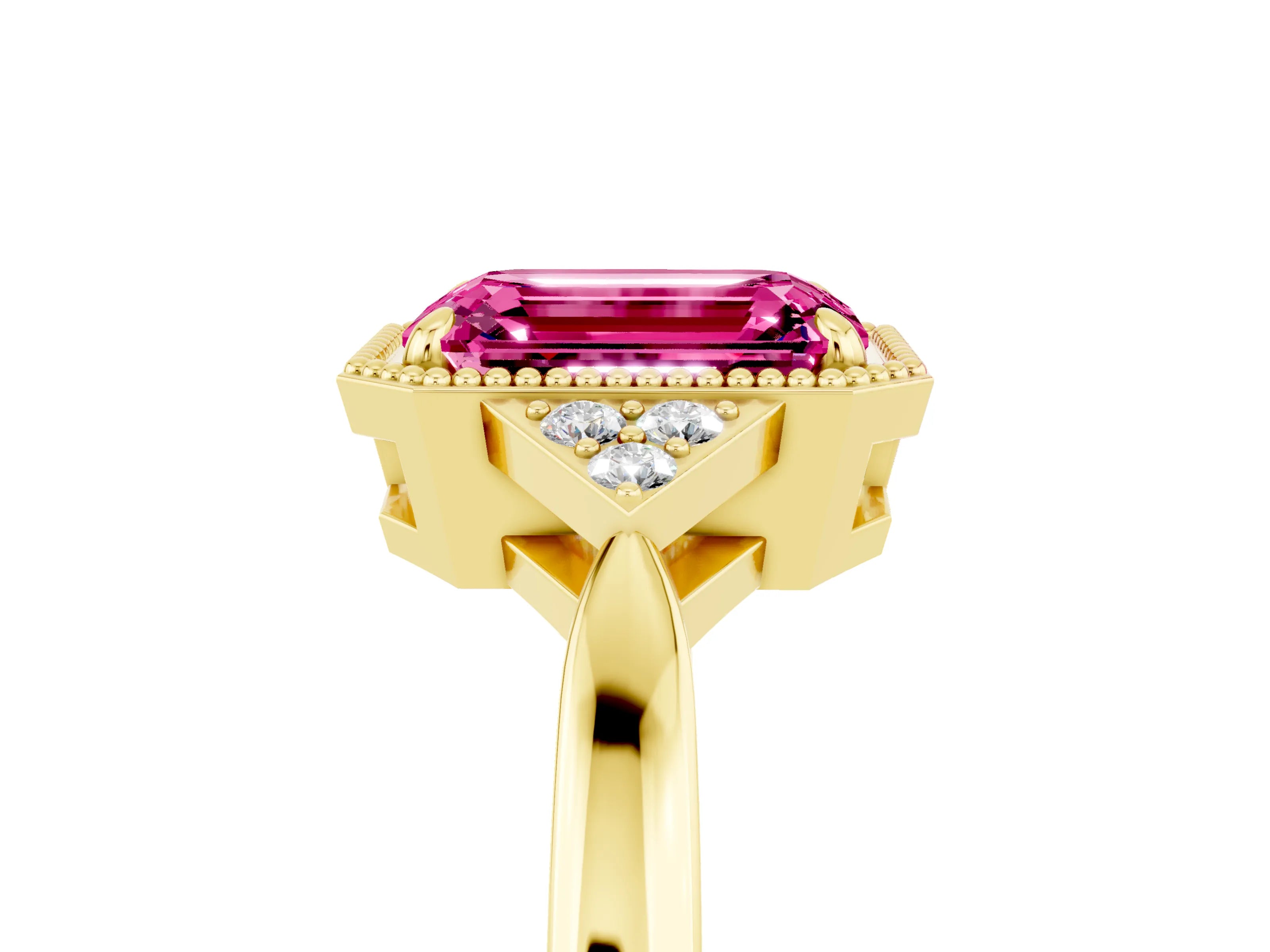 Yellow gold Emerald Cut Pink Sapphire Halo Ring with Tapered Band and Four-Prong Setting_5
