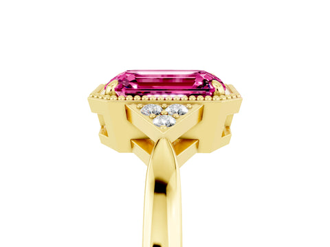 Yellow gold Emerald Cut Pink Sapphire Halo Ring with Tapered Band and Four-Prong Setting_5