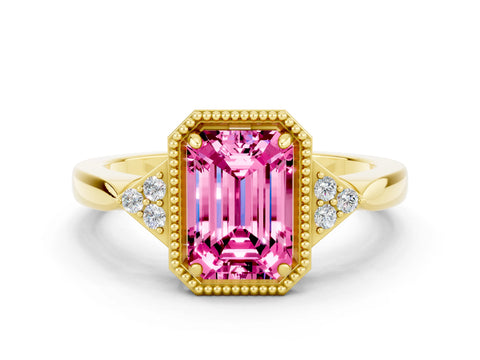 Yellow gold Emerald Cut Pink Sapphire Halo Ring with Tapered Band and Four-Prong Setting