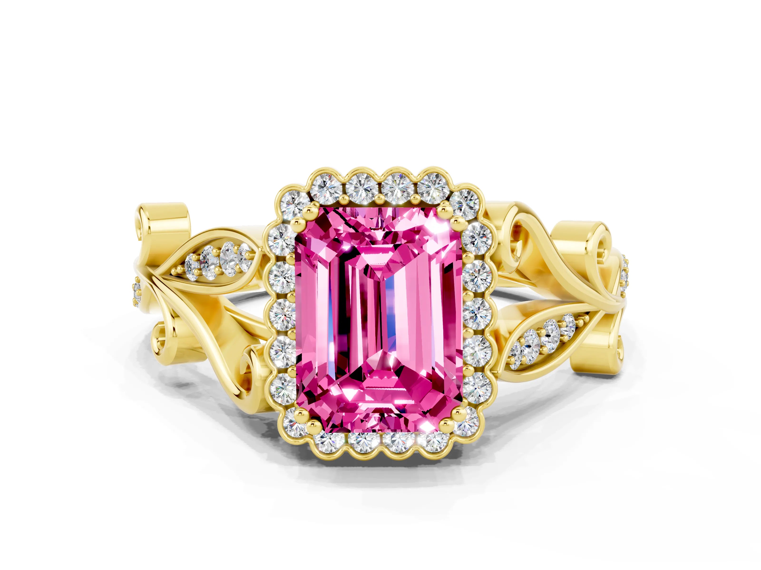 Yellow gold Emerald Cut Pink Sapphire Halo Ring with Vintage Split Shank and Four-Prong Setting