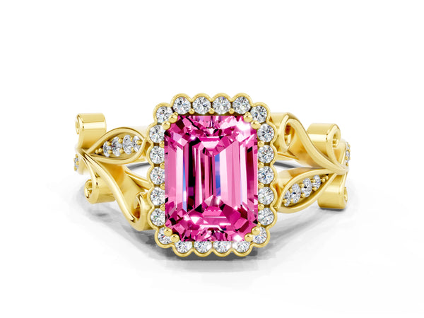 Yellow gold Emerald Cut Pink Sapphire Halo Ring with Vintage Split Shank and Four-Prong Setting