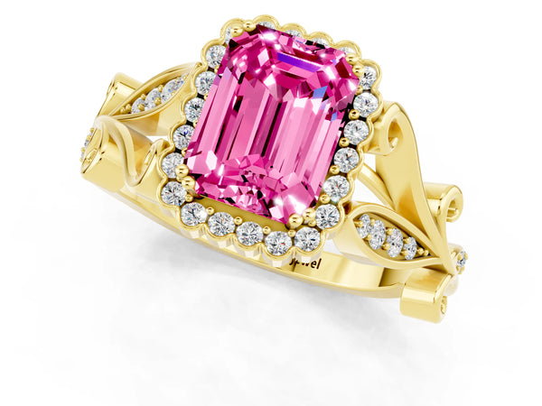 Yellow gold Emerald Cut Pink Sapphire Halo Ring with Vintage Split Shank and Four-Prong Setting