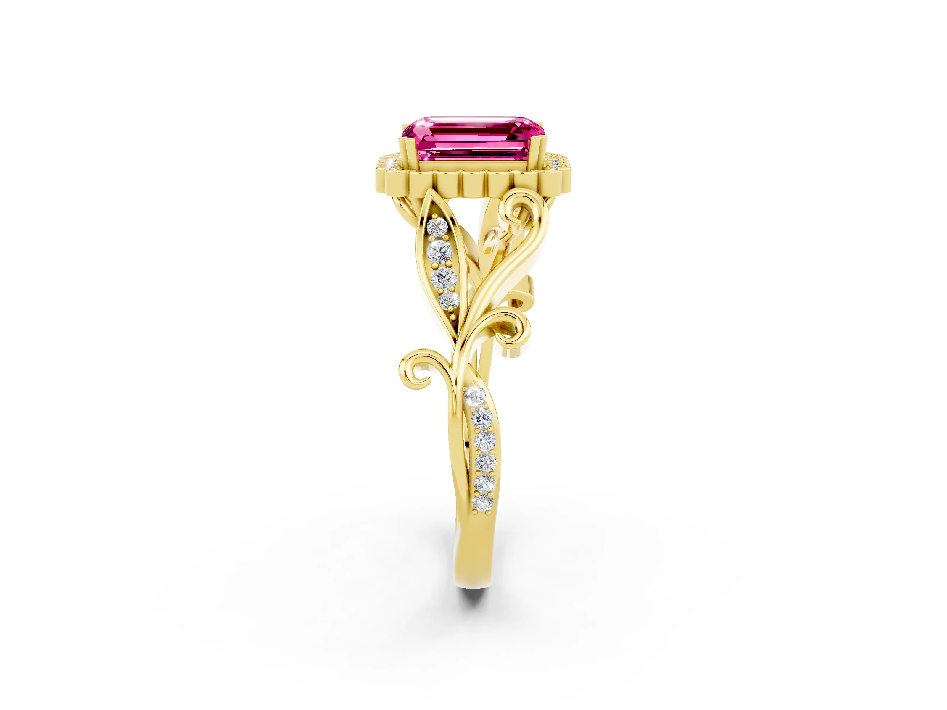 Yellow gold Emerald Cut Pink Sapphire Halo Ring with Vintage Split Shank and Four-Prong Setting_2