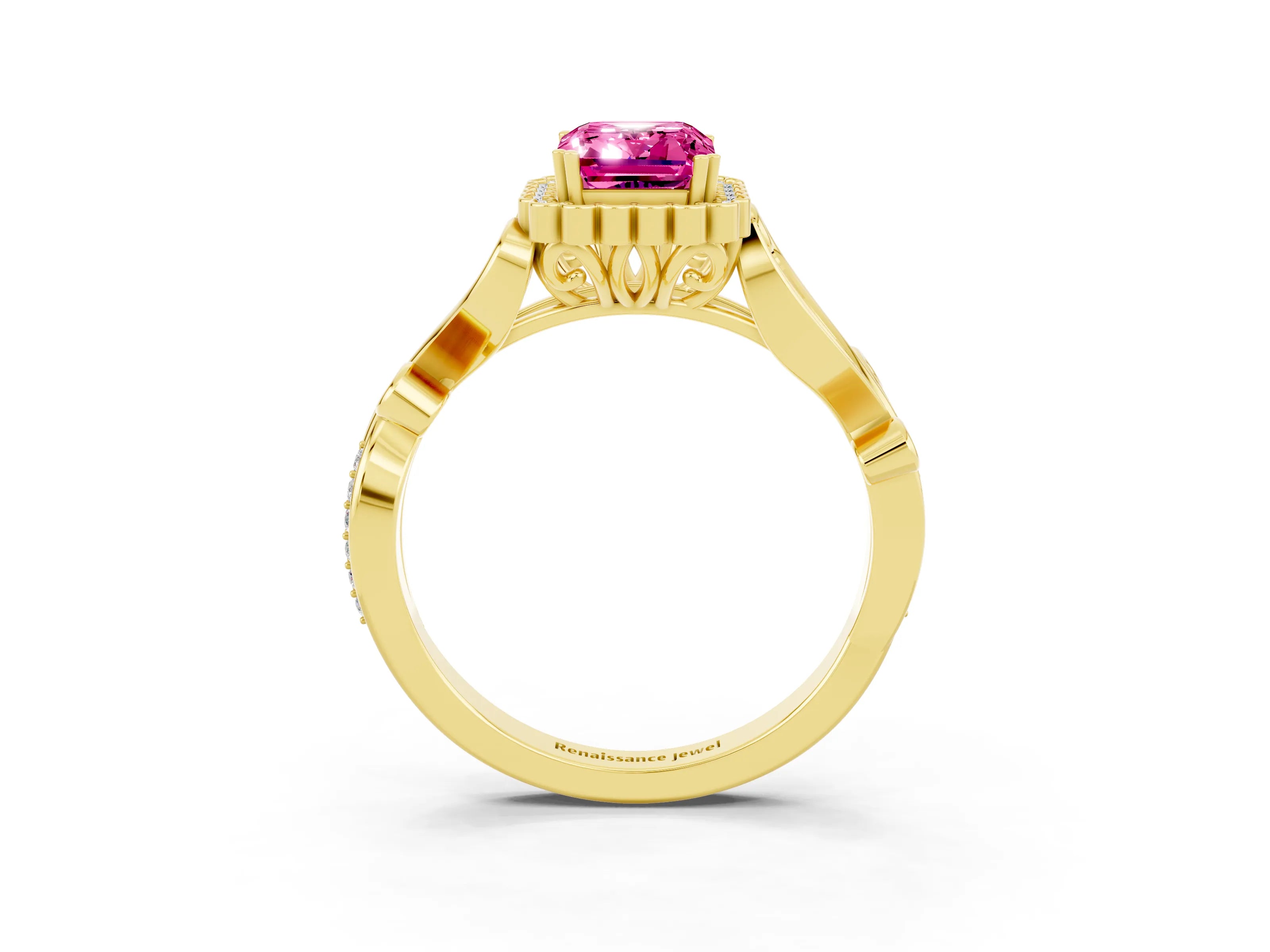 Yellow gold Emerald Cut Pink Sapphire Halo Ring with Vintage Split Shank and Four-Prong Setting_3