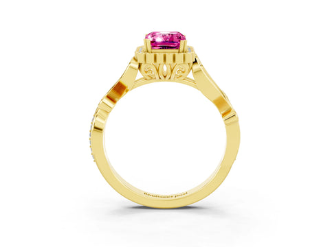 Yellow gold Emerald Cut Pink Sapphire Halo Ring with Vintage Split Shank and Four-Prong Setting_3