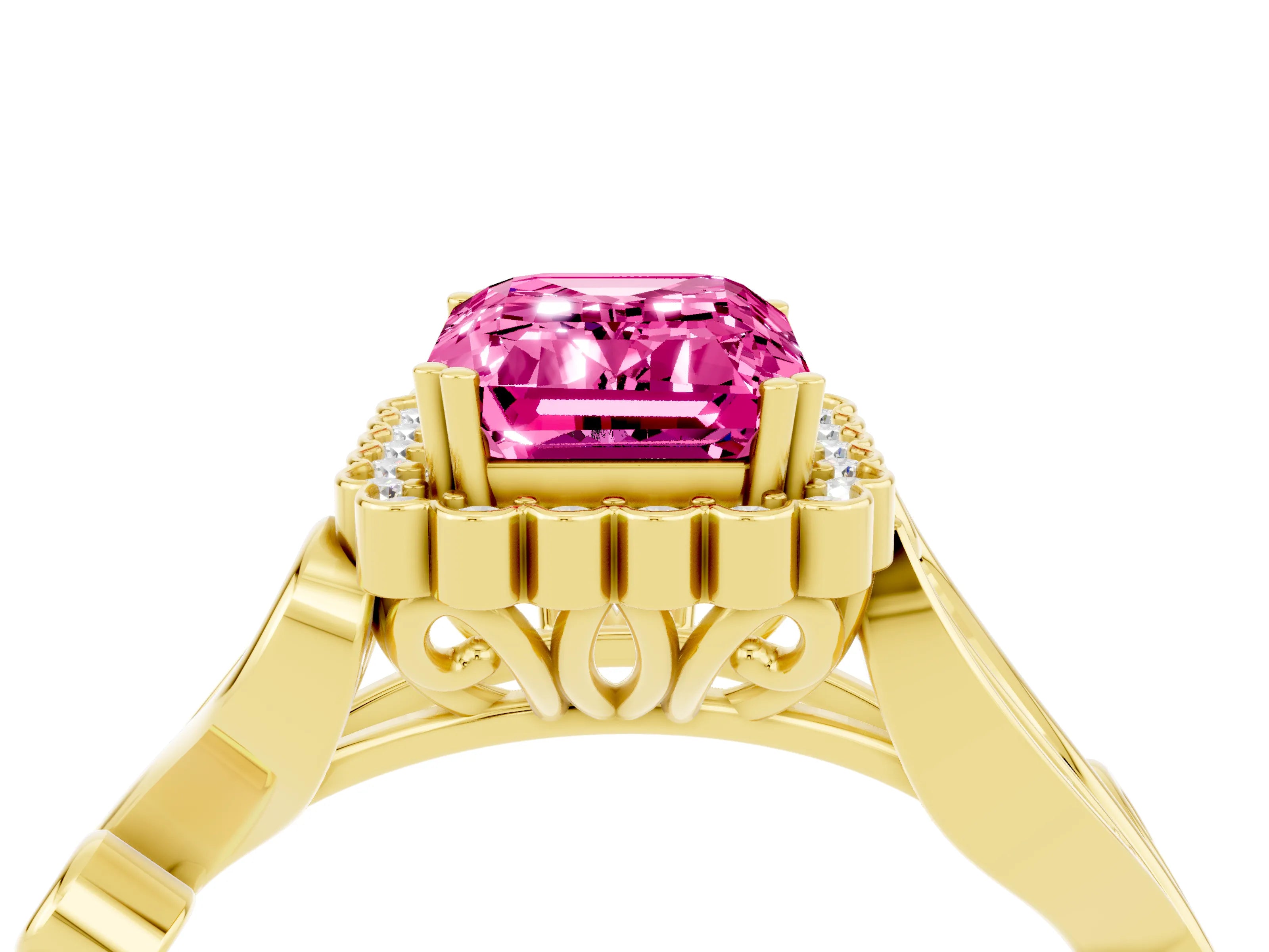 Yellow gold Emerald Cut Pink Sapphire Halo Ring with Vintage Split Shank and Four-Prong Setting_4