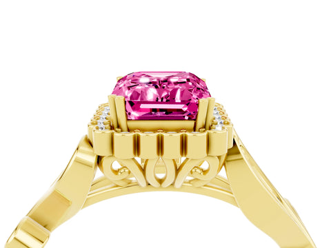 Yellow gold Emerald Cut Pink Sapphire Halo Ring with Vintage Split Shank and Four-Prong Setting_4