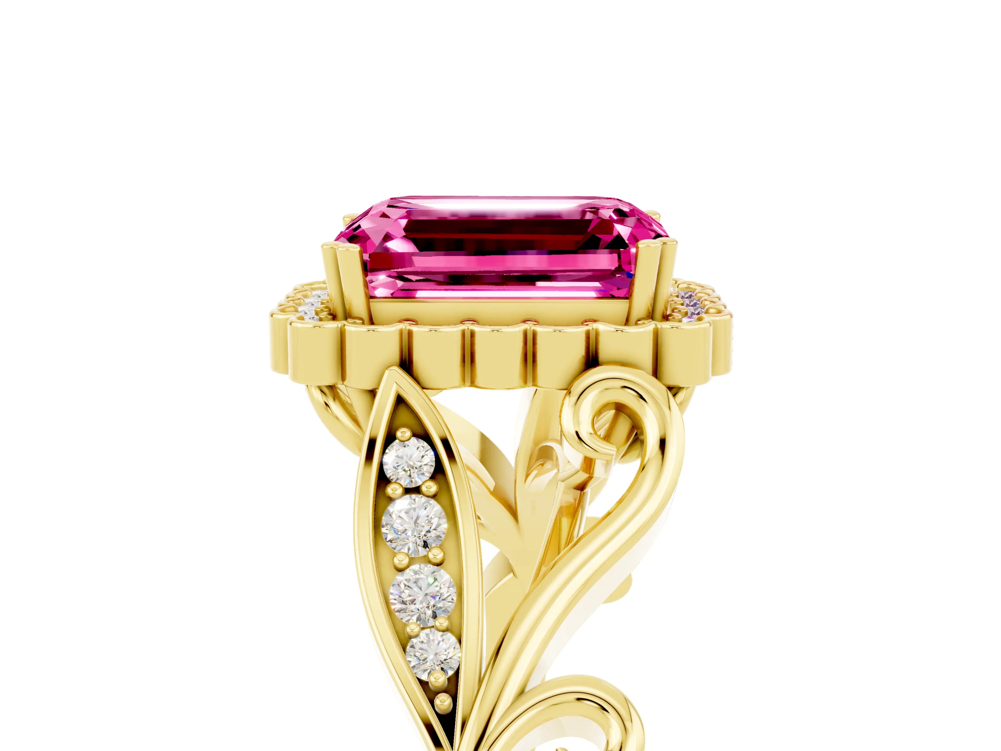 Yellow gold Emerald Cut Pink Sapphire Halo Ring with Vintage Split Shank and Four-Prong Setting_5