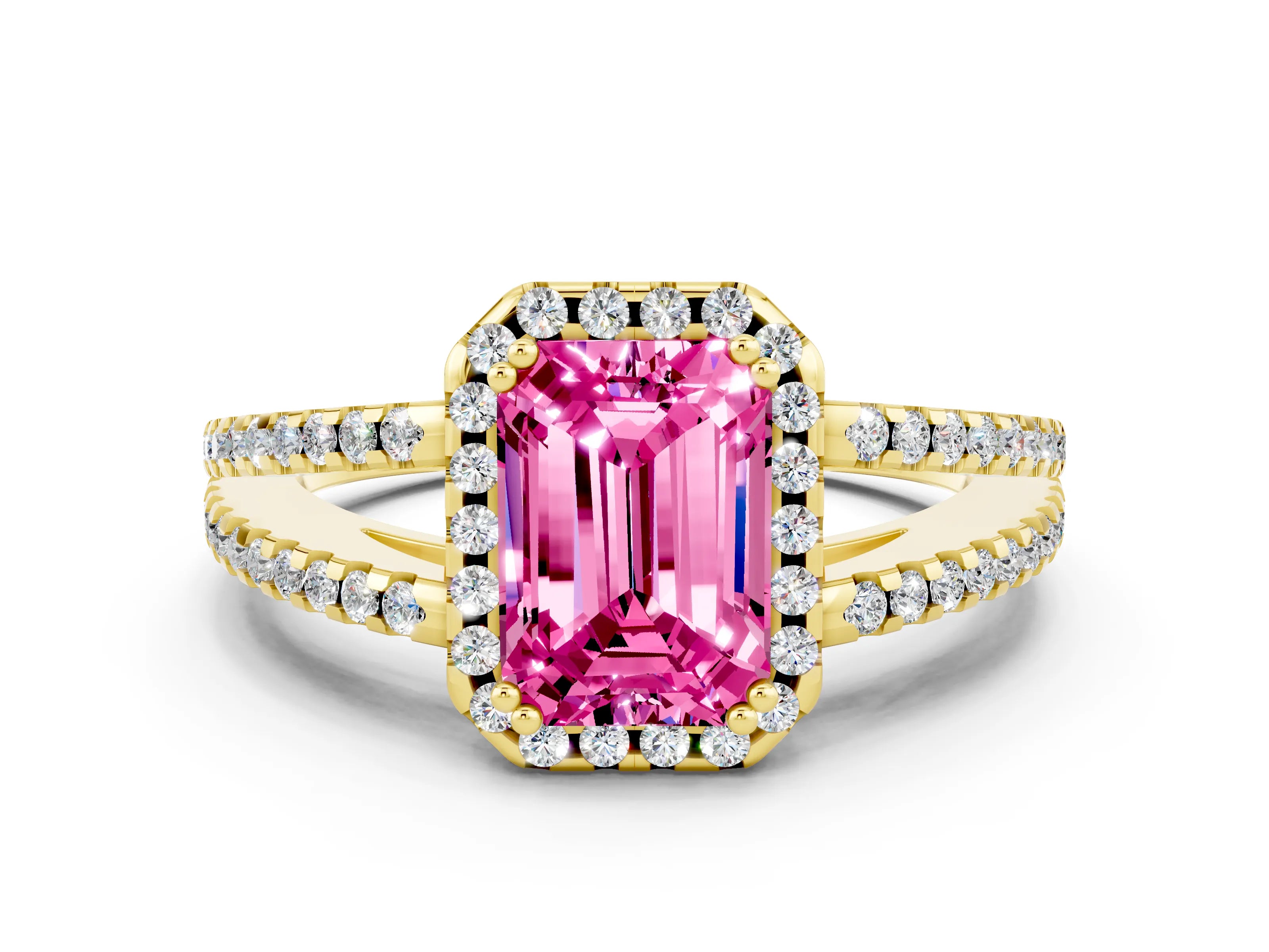 Yellow gold Emerald Cut Pink Sapphire Halo Split Shank Engagement Ring_12