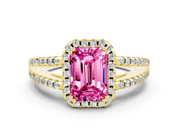 Yellow gold Emerald Cut Pink Sapphire Halo Split Shank Engagement Ring