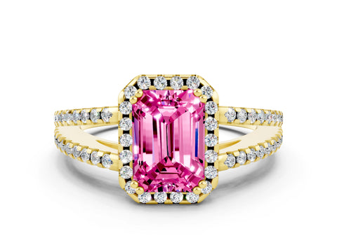 Yellow gold Emerald Cut Pink Sapphire Halo Split Shank Engagement Ring_12