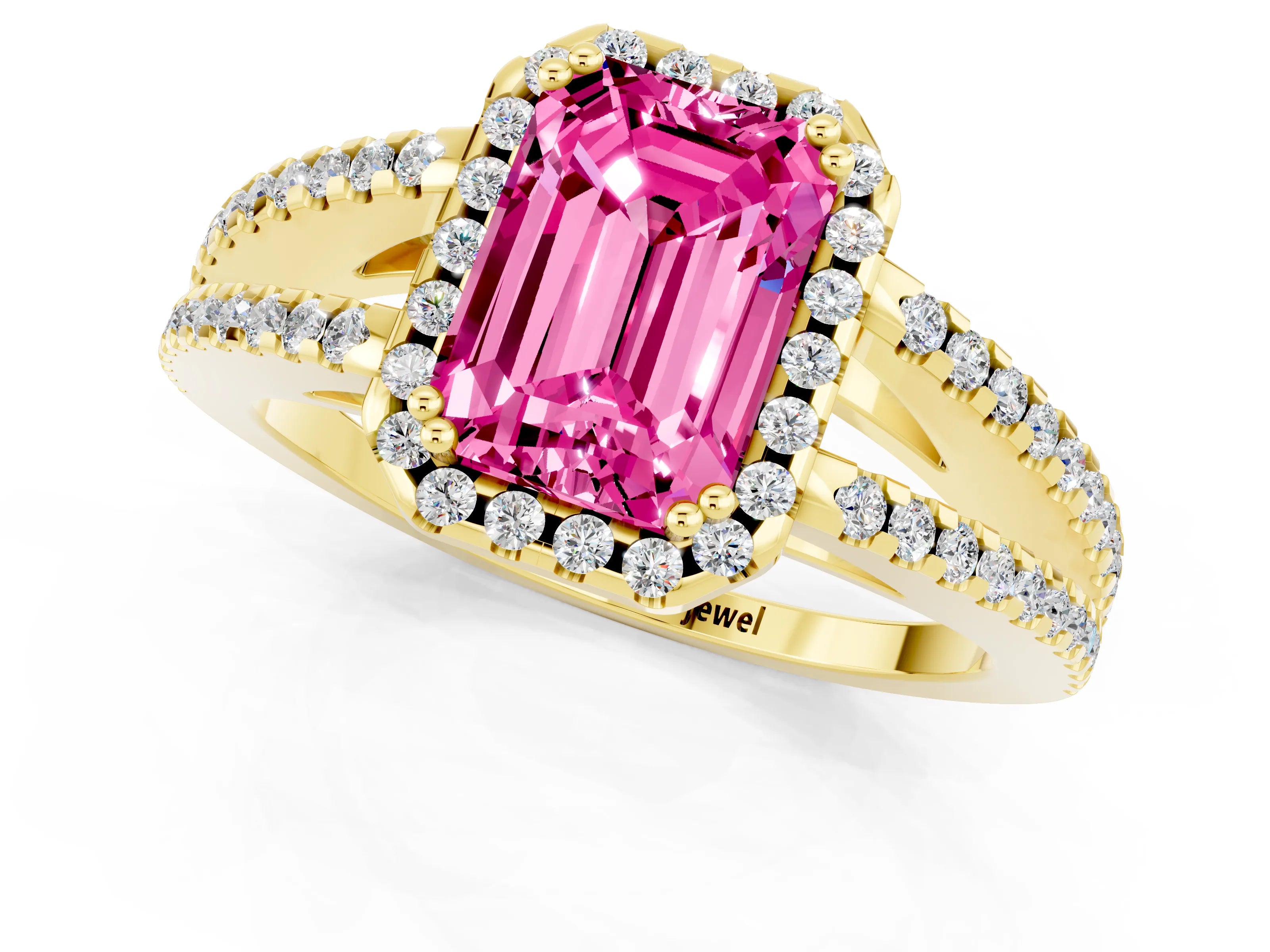 Yellow gold Emerald Cut Pink Sapphire Halo Split Shank Engagement Ring_13