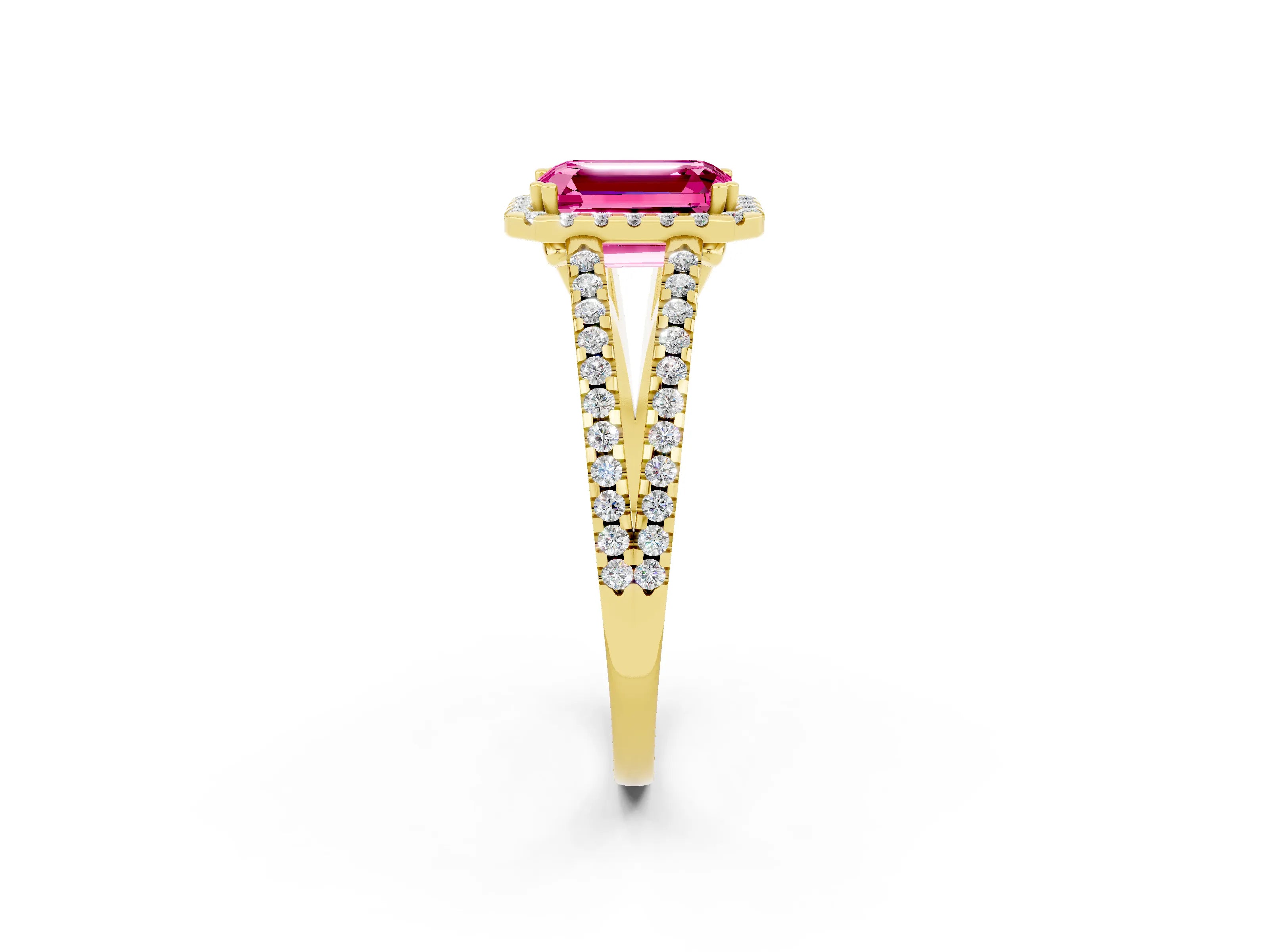 Yellow gold Emerald Cut Pink Sapphire Halo Split Shank Engagement Ring_14