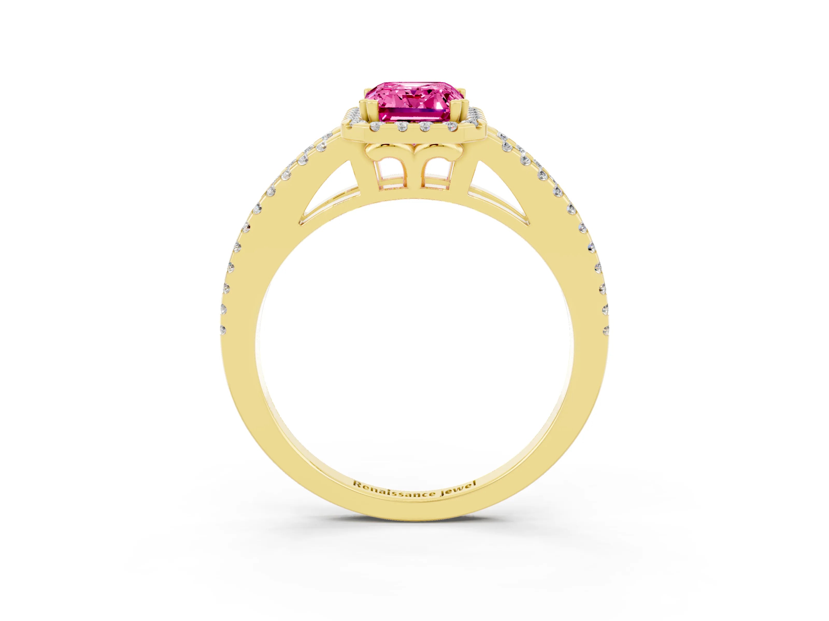 Yellow gold Emerald Cut Pink Sapphire Halo Split Shank Engagement Ring_15