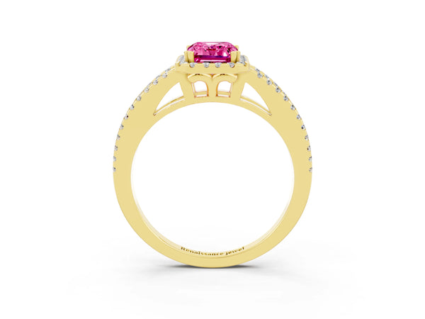 Yellow gold Emerald Cut Pink Sapphire Halo Split Shank Engagement Ring
