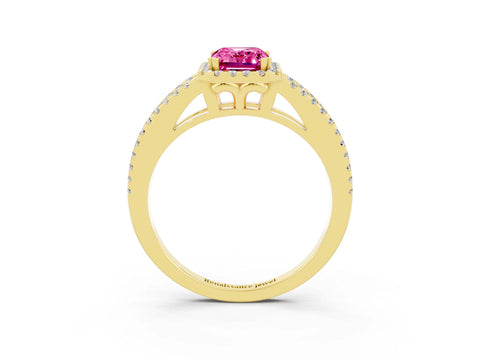 Yellow gold Emerald Cut Pink Sapphire Halo Split Shank Engagement Ring_15