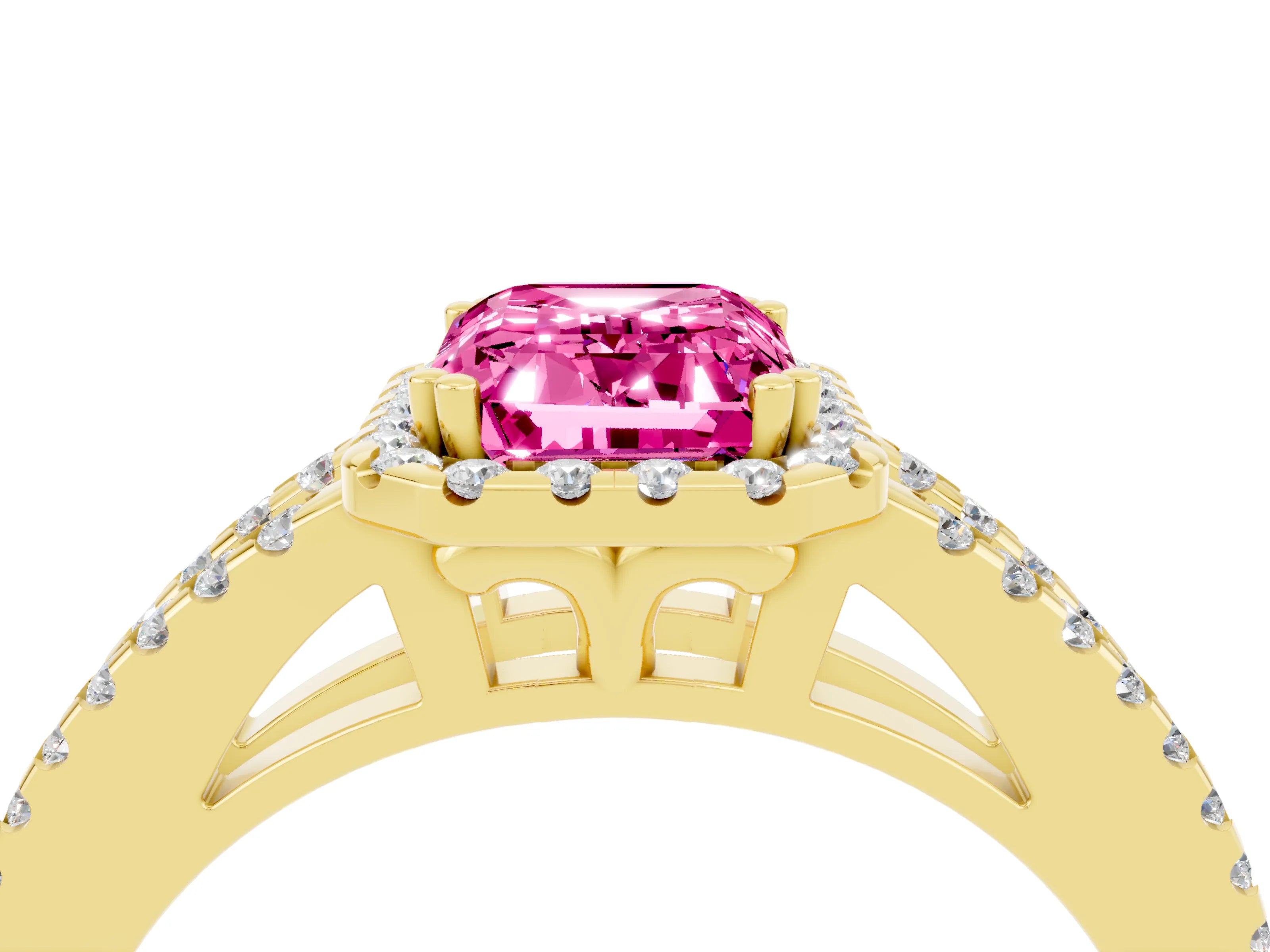 Yellow gold Emerald Cut Pink Sapphire Halo Split Shank Engagement Ring_16