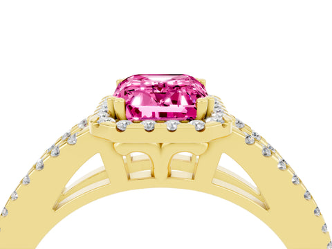 Yellow gold Emerald Cut Pink Sapphire Halo Split Shank Engagement Ring_16