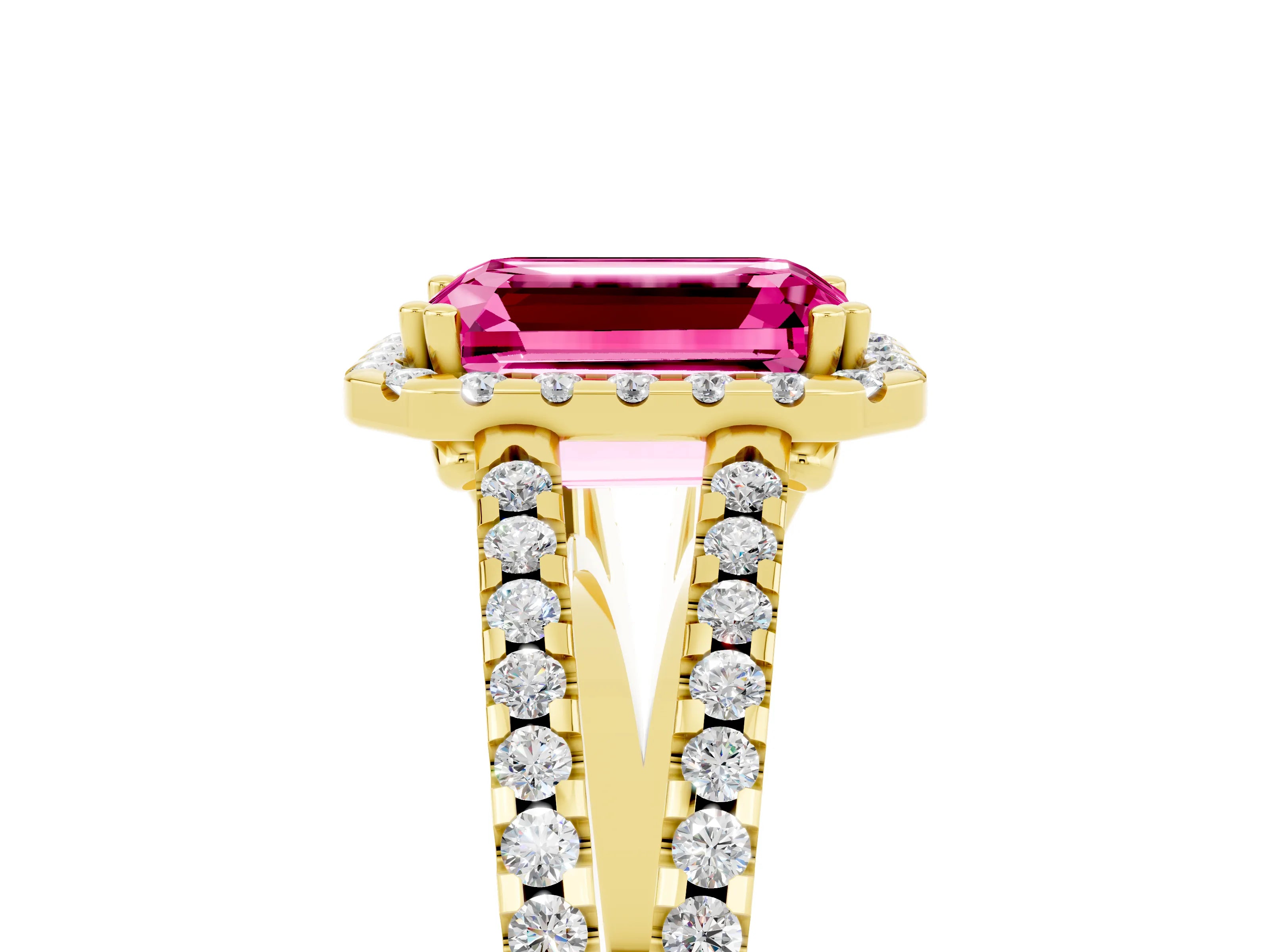 Yellow gold Emerald Cut Pink Sapphire Halo Split Shank Engagement Ring_17