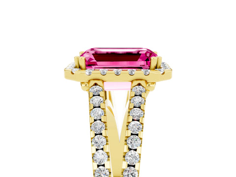 Yellow gold Emerald Cut Pink Sapphire Halo Split Shank Engagement Ring_17