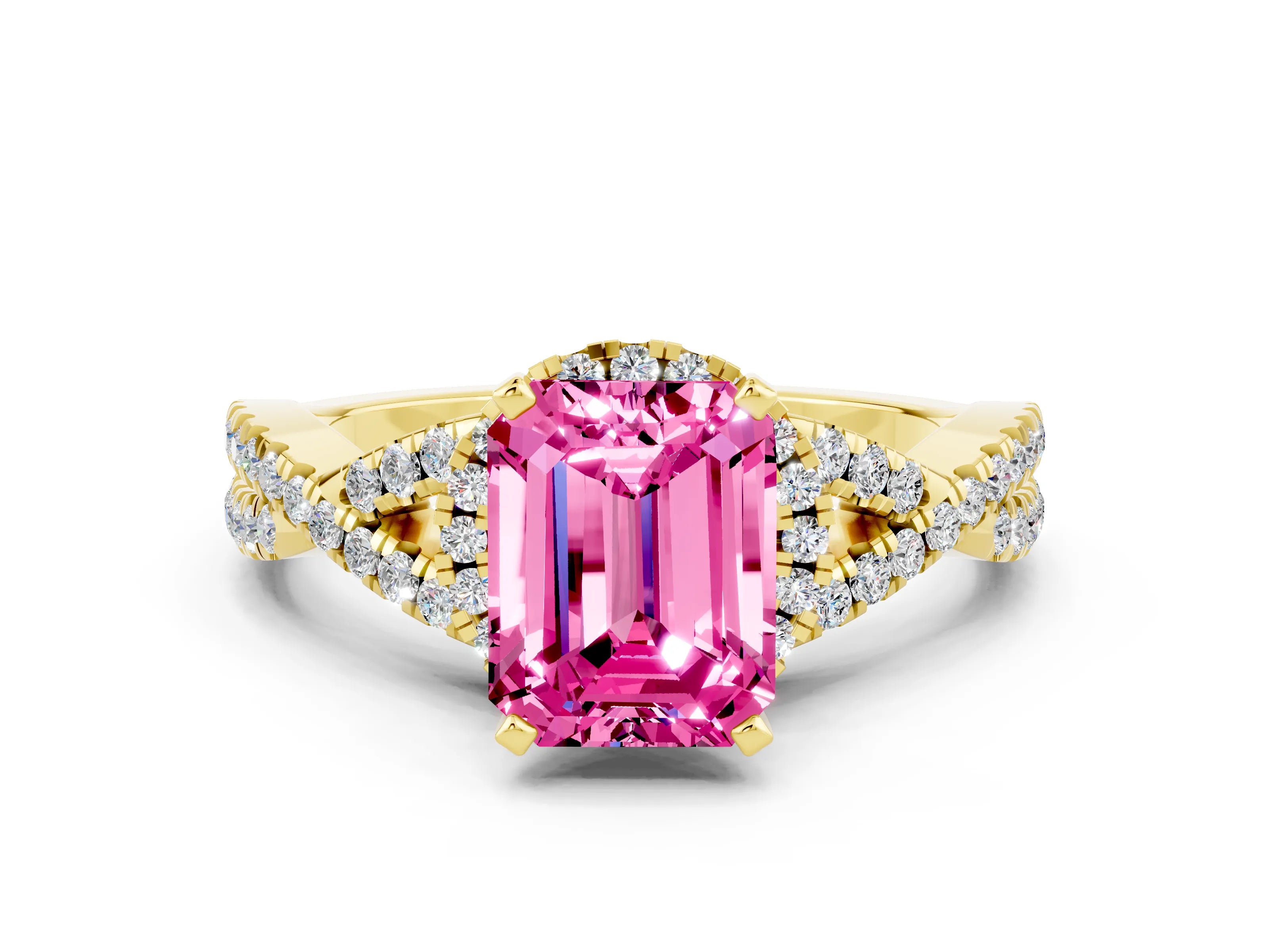 Yellow gold Emerald Cut Pink Sapphire Halo Twist Band Solitaire Prong Setting Ring_24