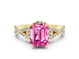 Yellow gold Emerald Cut Pink Sapphire  Halo Twist Band Solitaire Prong Setting Ring_24