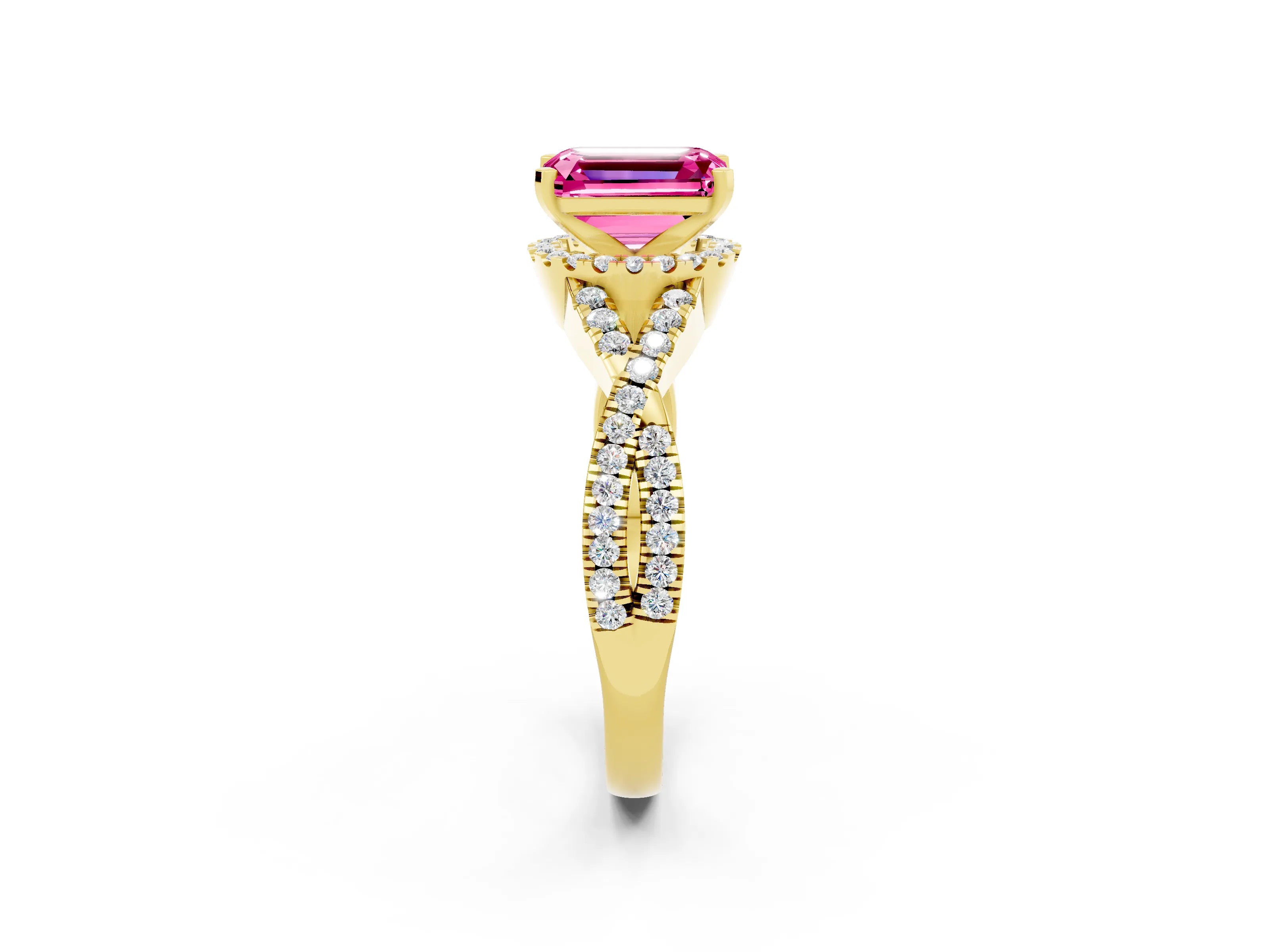 Yellow gold Emerald Cut Pink Sapphire Halo Twist Band Solitaire Prong Setting Ring_26
