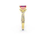 Yellow gold Emerald Cut Pink Sapphire  Halo Twist Band Solitaire Prong Setting Ring_26