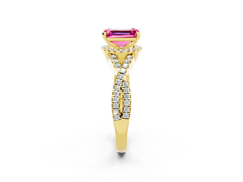 Yellow gold Emerald Cut Pink Sapphire Halo Twist Band Solitaire Prong Setting Ring_26