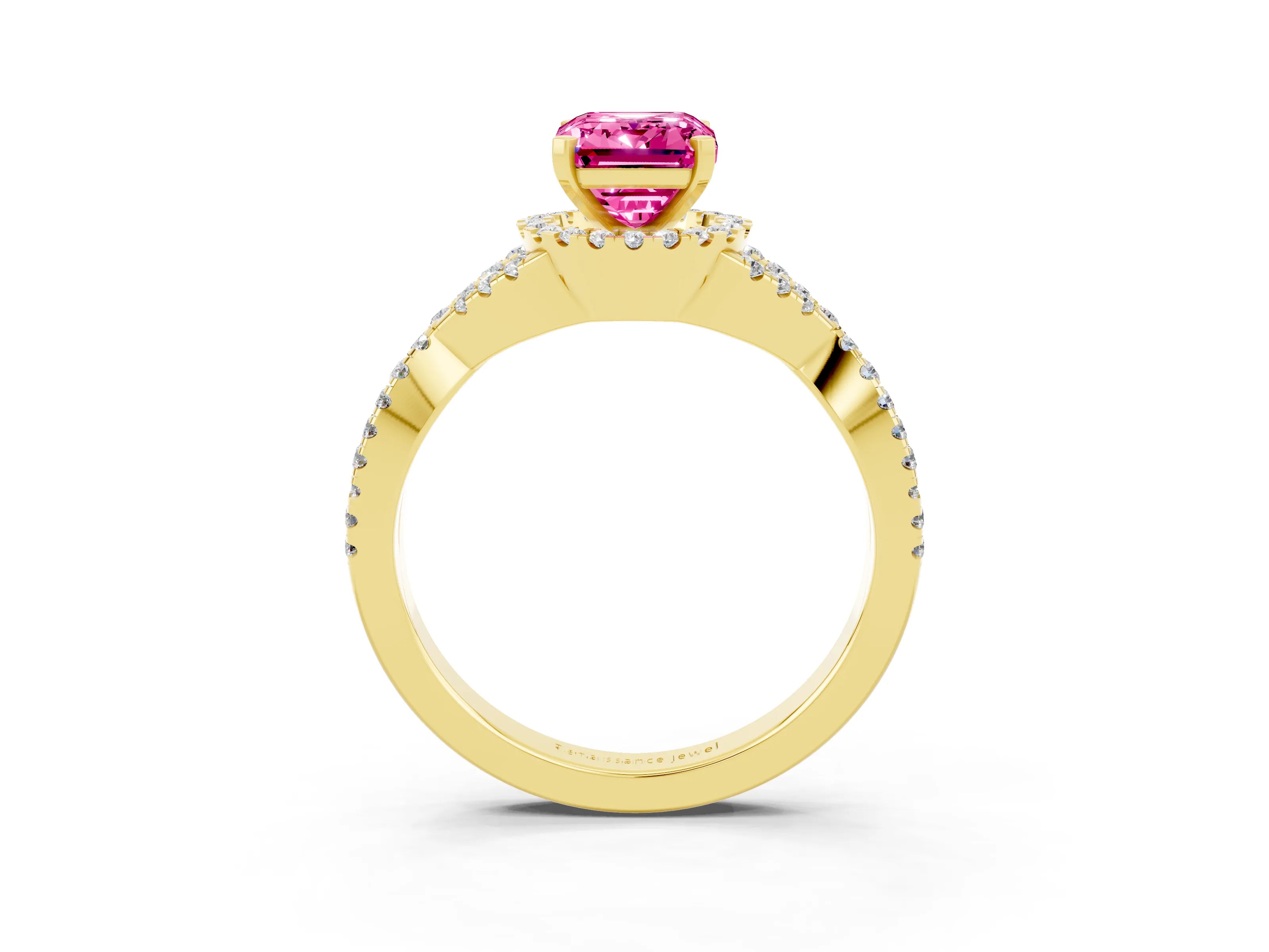 Yellow gold Emerald Cut Pink Sapphire Halo Twist Band Solitaire Prong Setting Ring_27