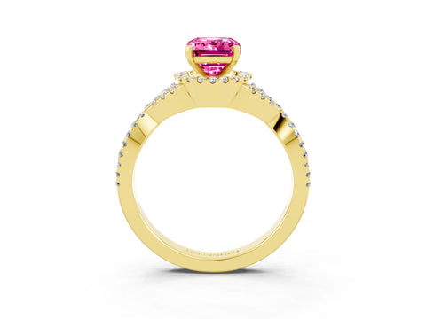 Yellow gold Emerald Cut Pink Sapphire Halo Twist Band Solitaire Prong Setting Ring_27