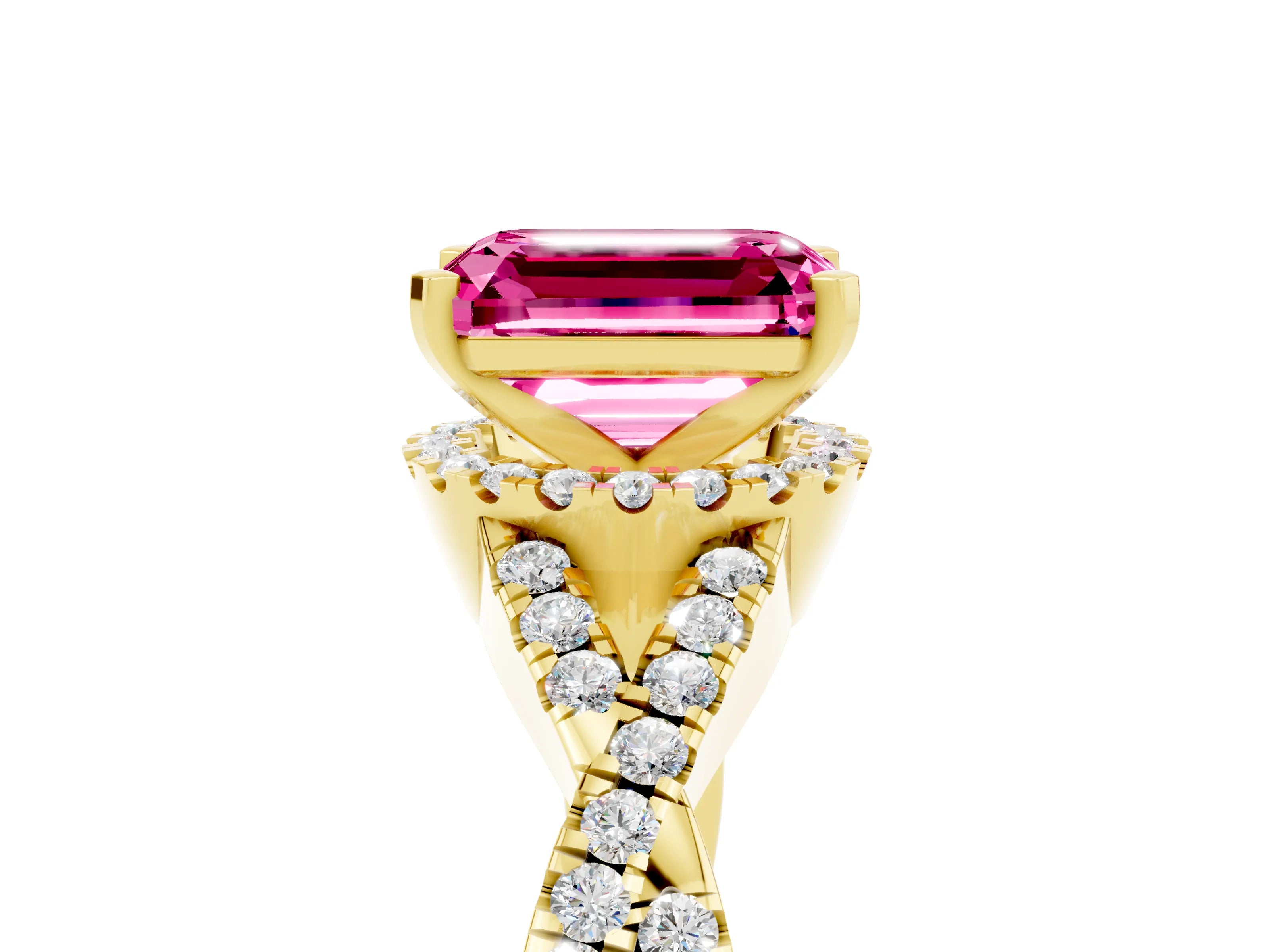 Yellow gold Emerald Cut Pink Sapphire Halo Twist Band Solitaire Prong Setting Ring_29