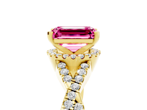 Yellow gold Emerald Cut Pink Sapphire Halo Twist Band Solitaire Prong Setting Ring_29