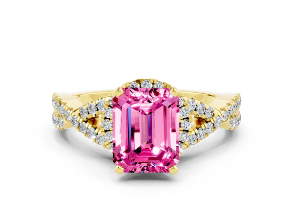 Yellow gold Emerald Cut Pink Sapphire  Halo Twist Band Solitaire Prong Setting Ring