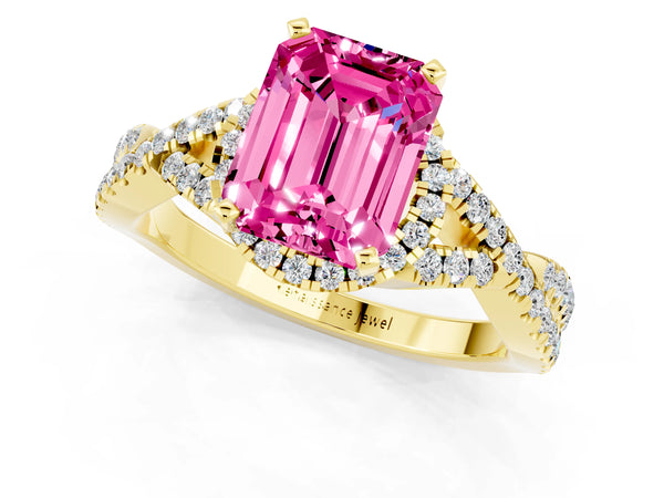 Yellow gold Emerald Cut Pink Sapphire  Halo Twist Band Solitaire Prong Setting Ring