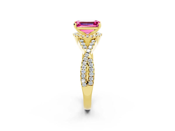 Yellow gold Emerald Cut Pink Sapphire  Halo Twist Band Solitaire Prong Setting Ring