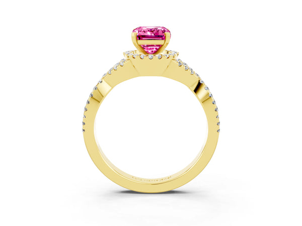 Yellow gold Emerald Cut Pink Sapphire  Halo Twist Band Solitaire Prong Setting Ring