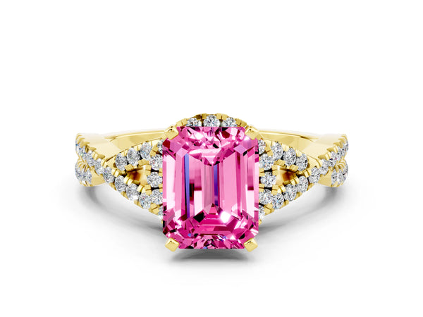 Yellow gold Emerald Cut Pink Sapphire  Halo Twist Band Solitaire Prong Setting Ring